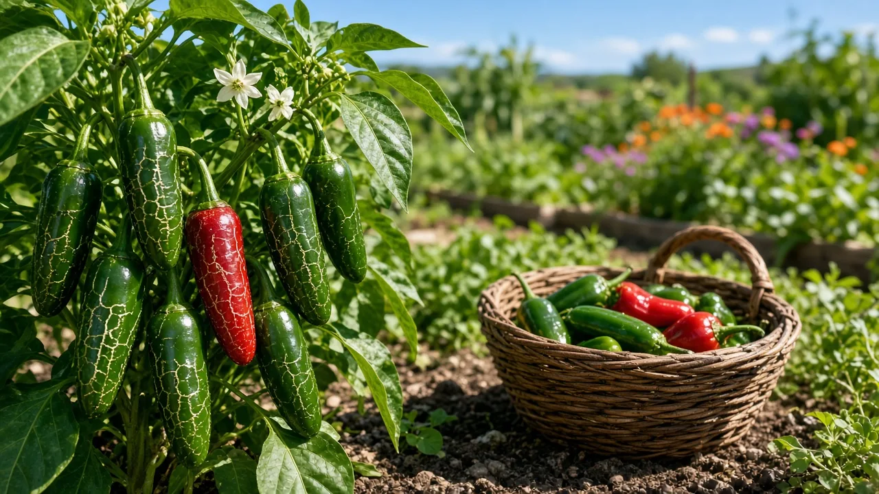 Mature green and red jalapeño peppers ready for harvest in a vegetable garden