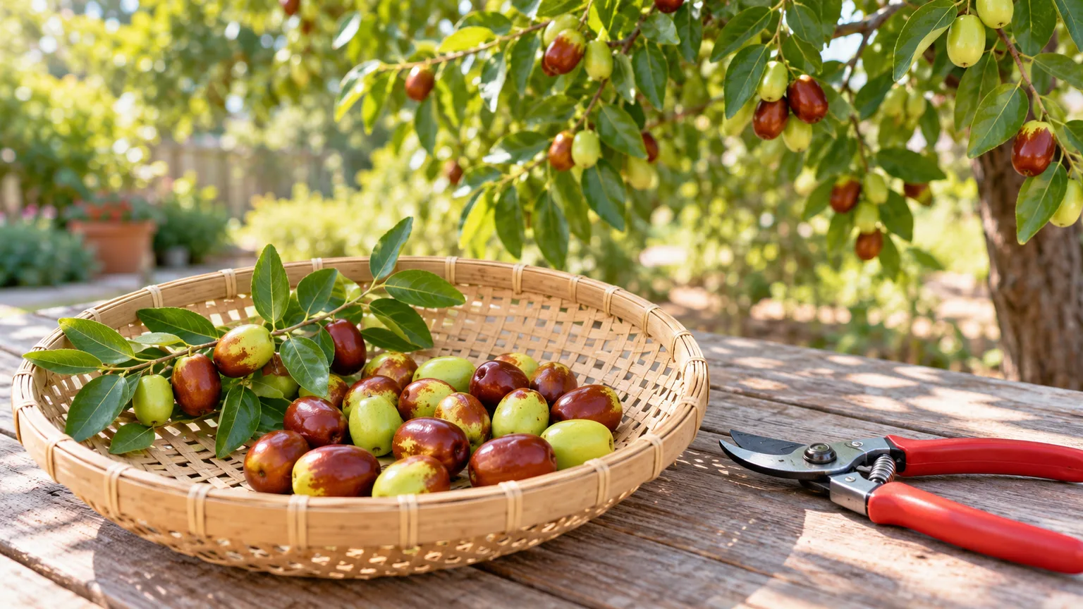 A shallow basket of jujubes at different maturity stages beside clean hand pruners on an orchard table