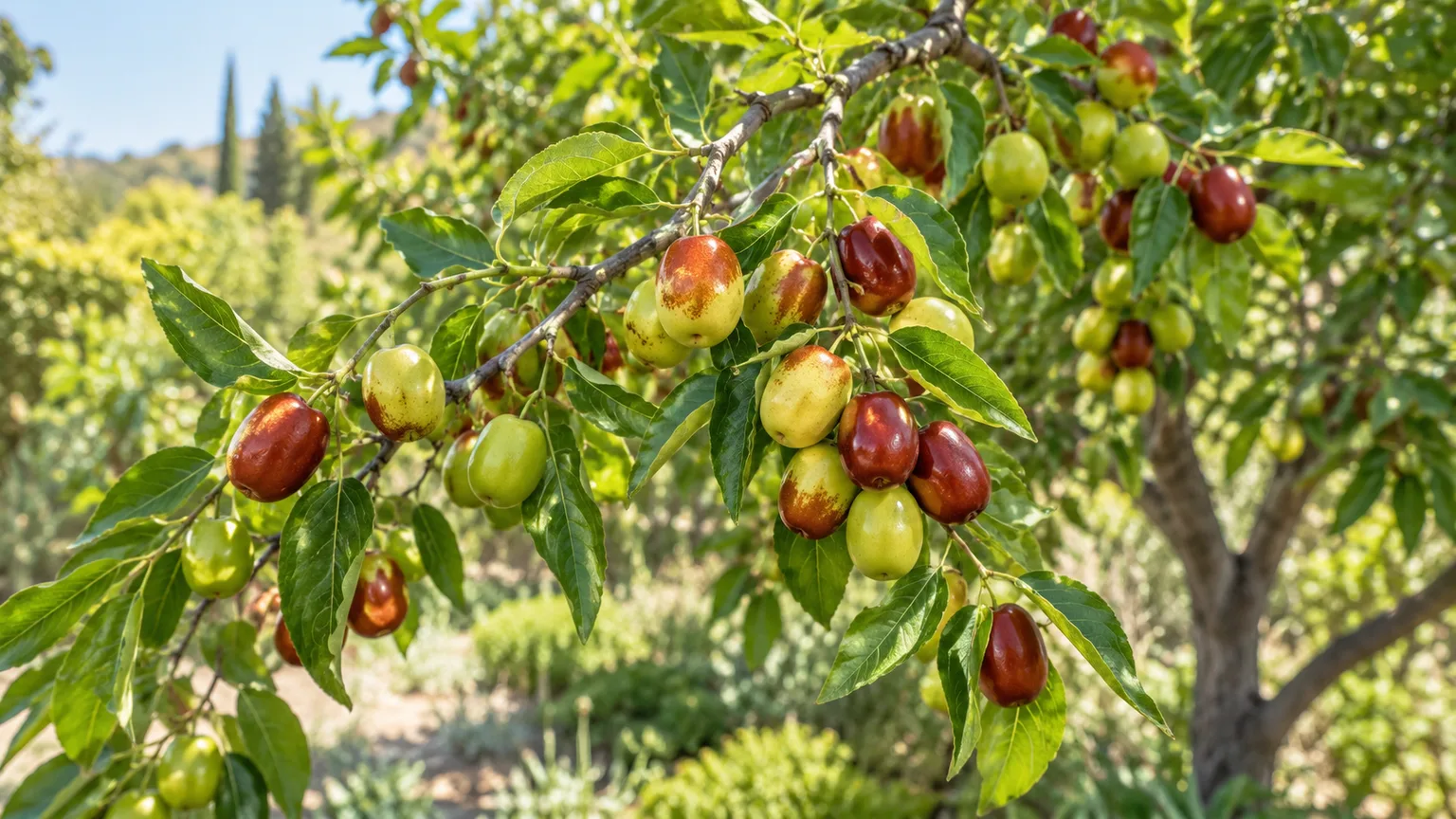 Jujubes at green, mottled, and red stages on a leafy California orchard branch