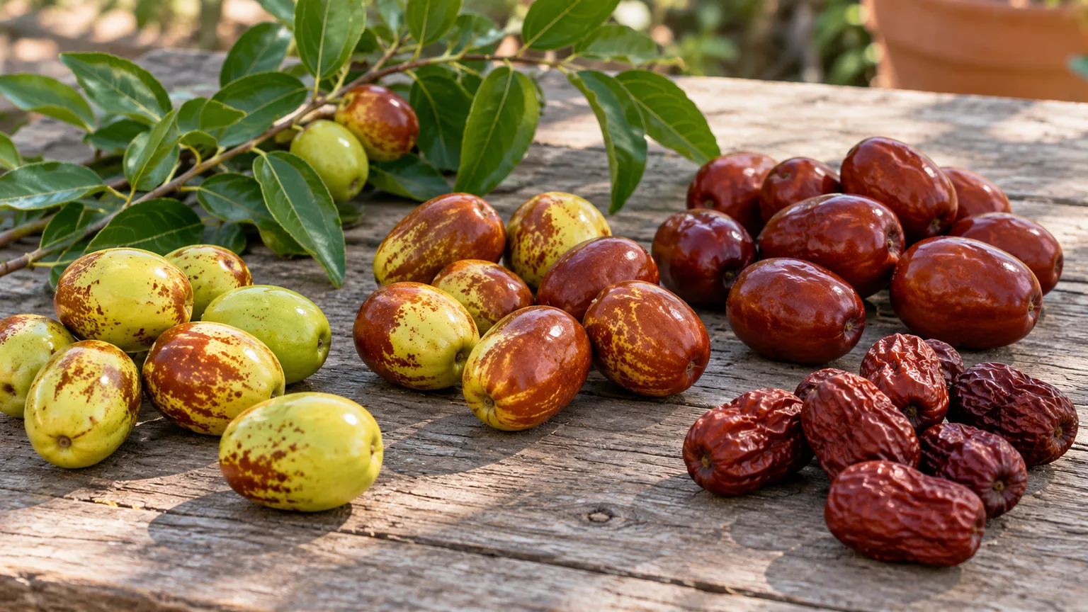 Fresh and dried jujubes shown at contrasting ripeness stages: yellow-green, mottled mahogany, red-brown, and wrinkled fruit