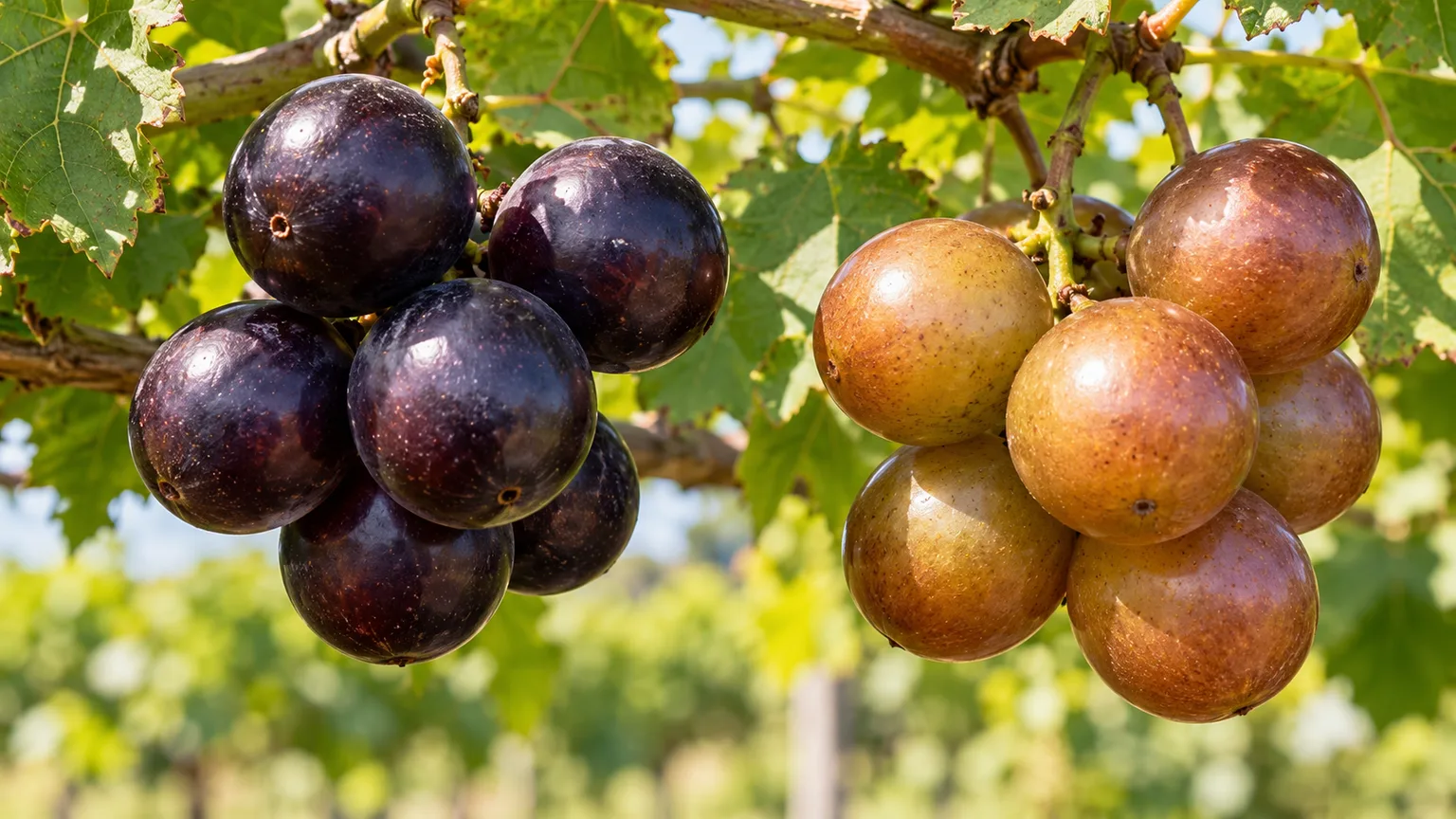 Close view of bronze and purple-black muscadines showing cultivar color differences