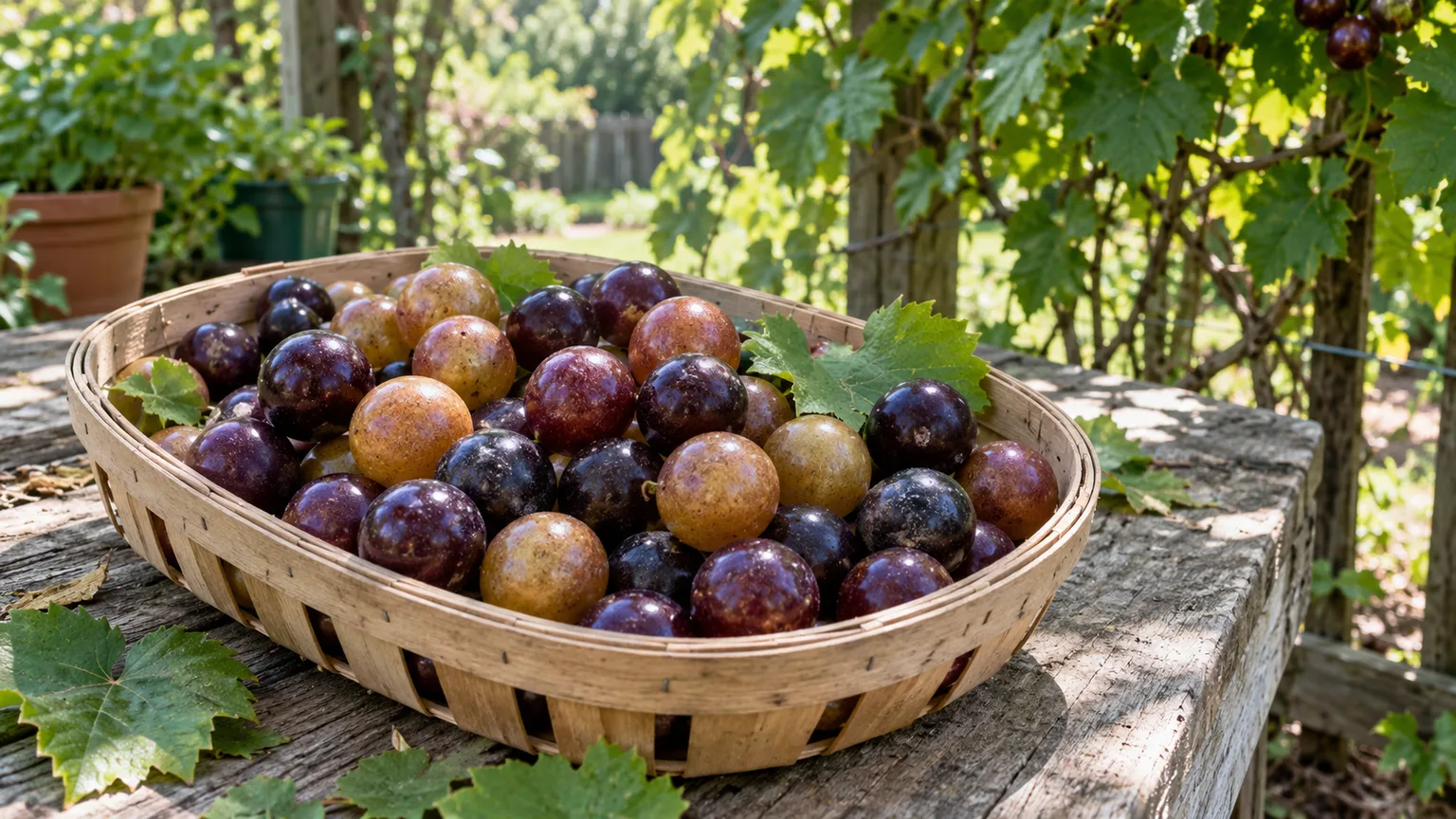Freshly hand-picked bronze and purple muscadines in a shallow harvest basket