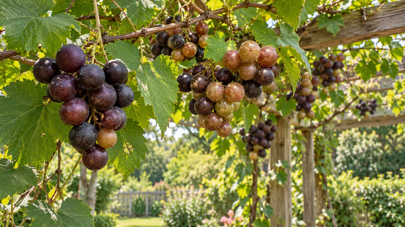 Muscadine vine with bronze and purple berries ripening on a trellis