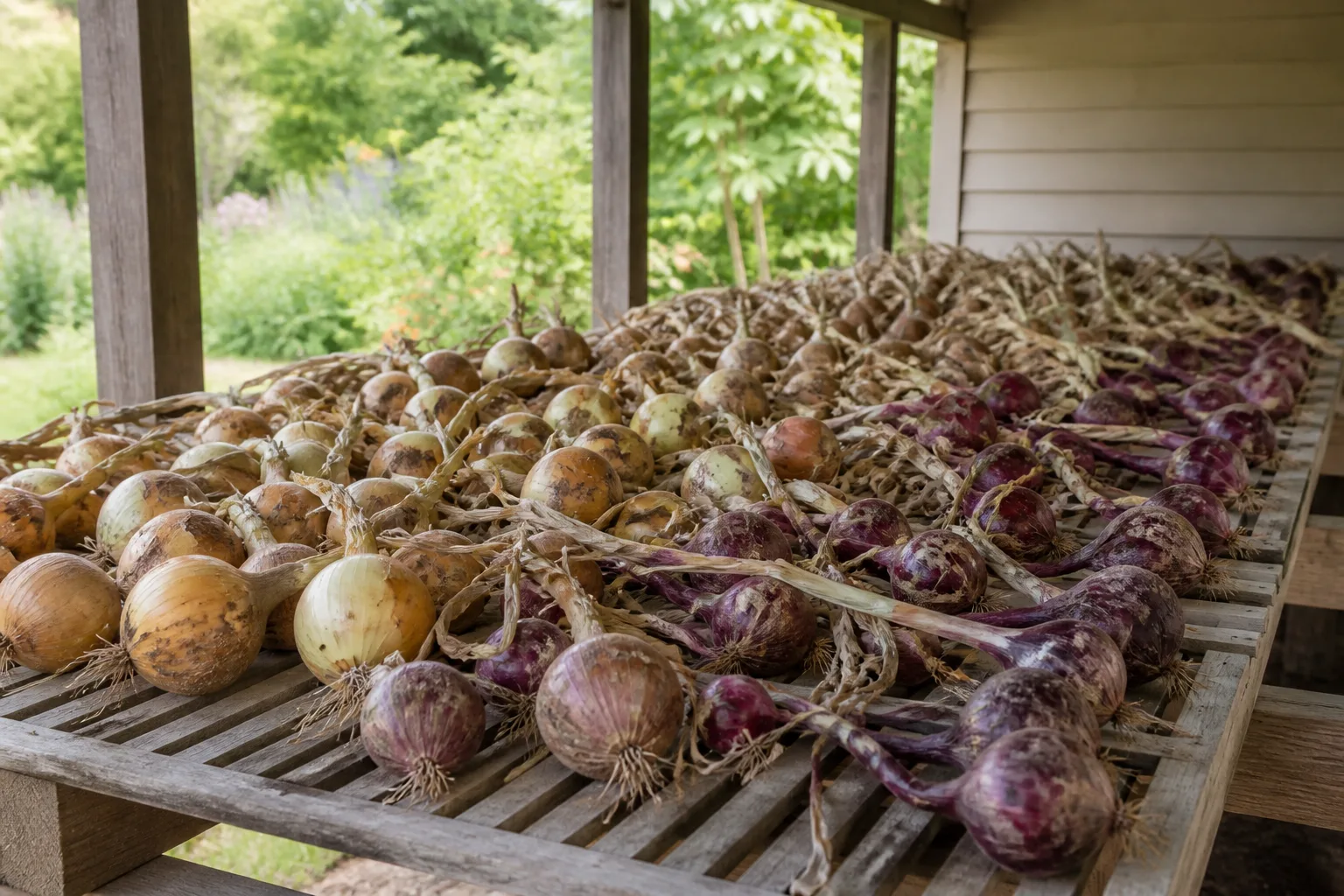 Cured onions with dry necks ready for cool storage