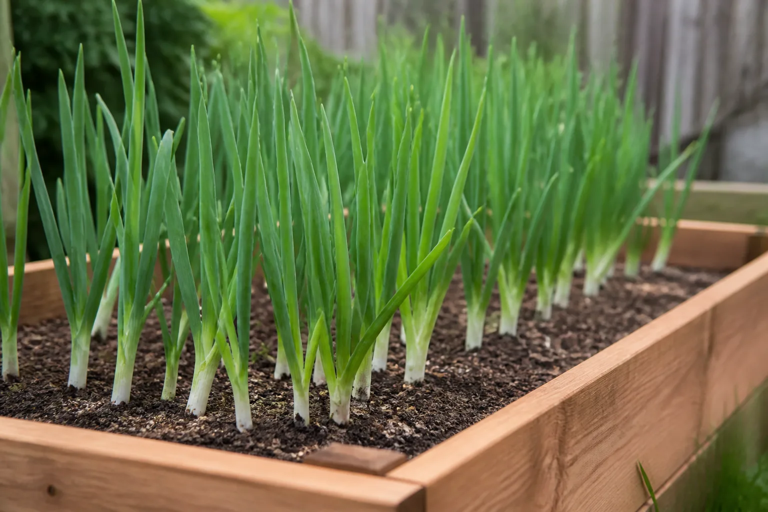 Green onions growing in a raised bed as an early harvest
