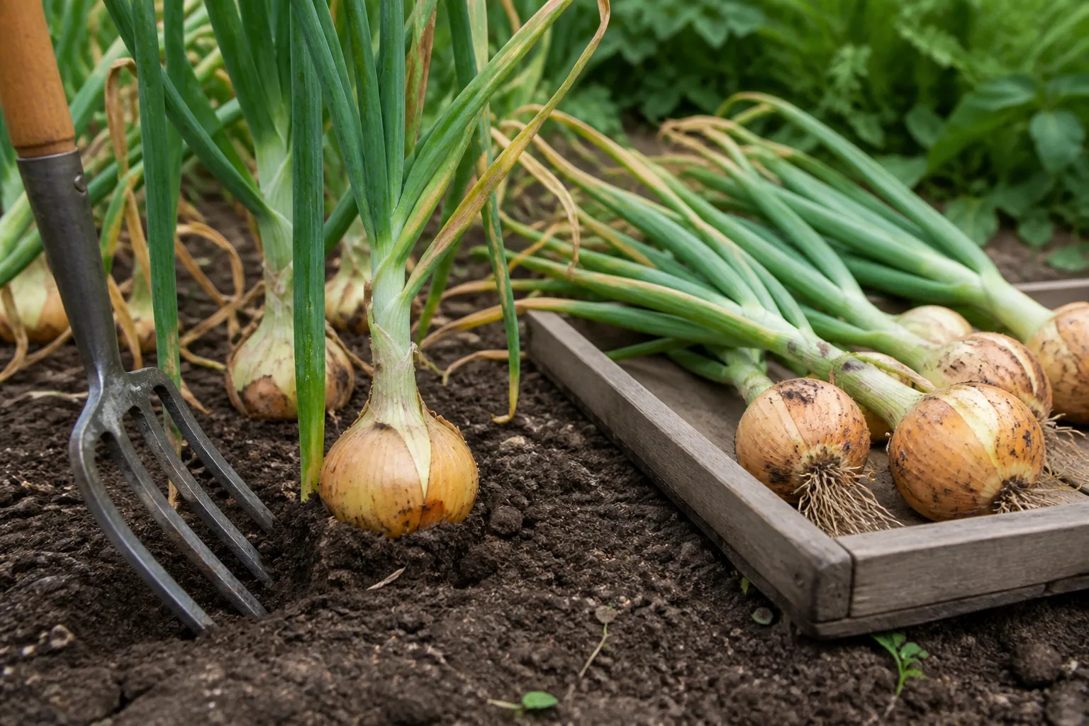 A garden fork loosening soil beside onions before a careful harvest