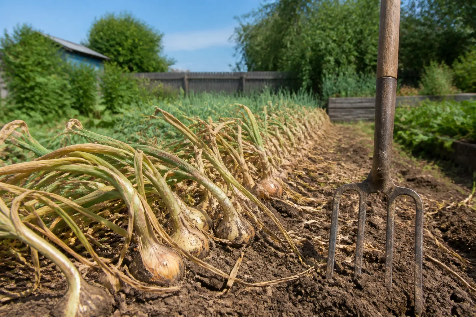Onion tops falling over in a garden bed as bulbs approach harvest
