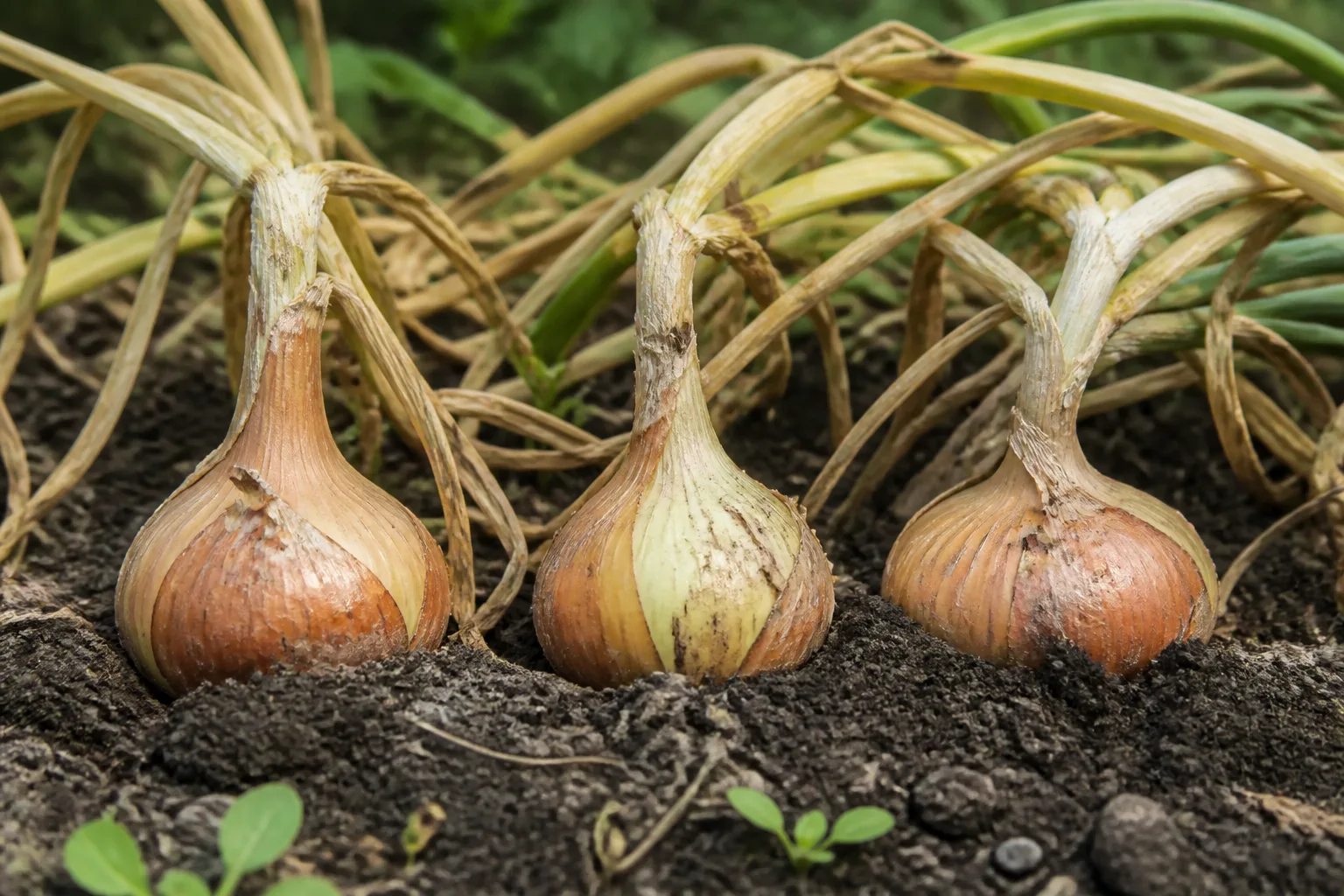 Onion tops beginning to fall over as bulbs reach harvest maturity
