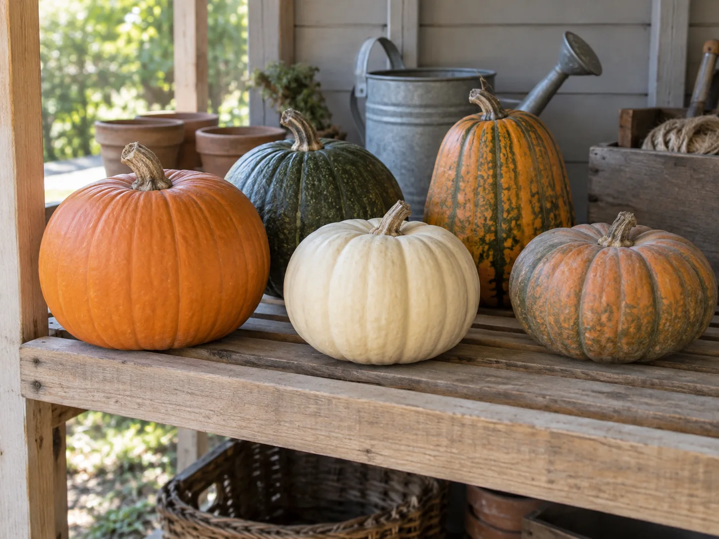 Whole cured pumpkins resting in a single layer on a dry ventilated wooden shelf