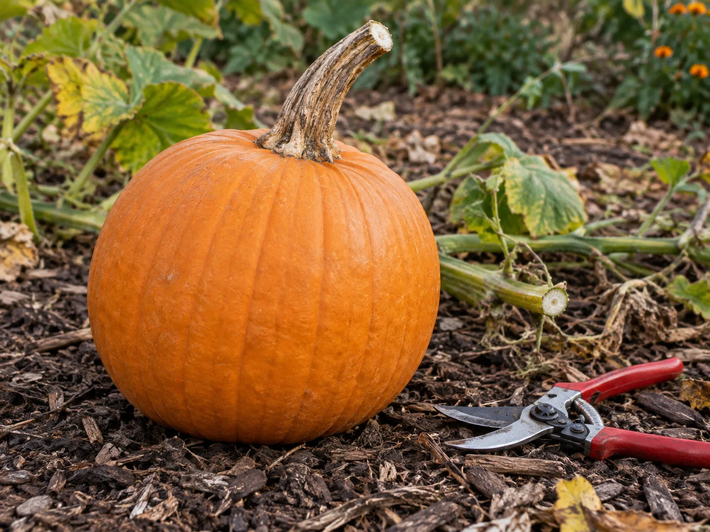 A mature pumpkin cut cleanly from its vine with a long stem intact and pruning shears nearby