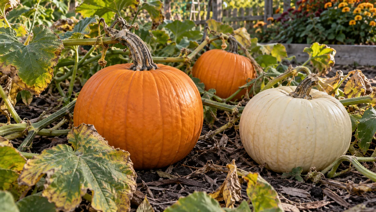 Mature orange and cream pumpkins with firm, dry stems still attached to their vines in an autumn garden