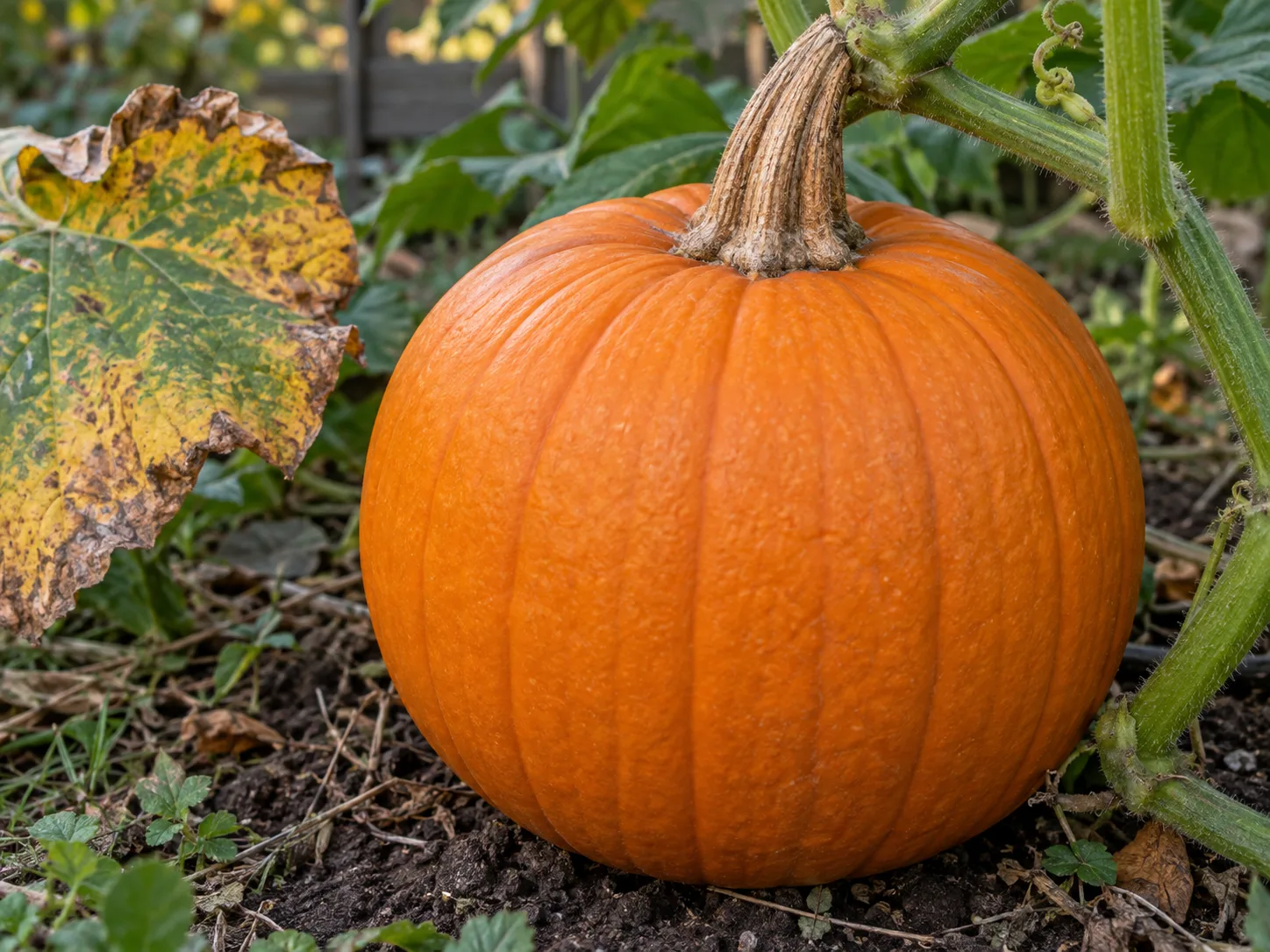 A ripe orange pumpkin still on the vine with a firm matte rind and dry corky stem