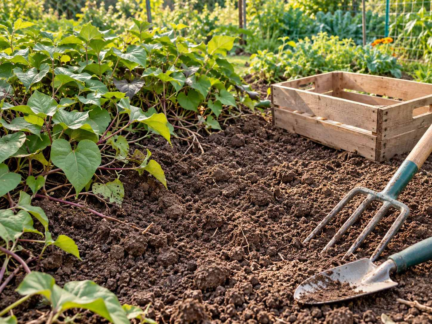 Sweet potato vines beside workable soil, a digging fork, hand trowel, and harvest crate.