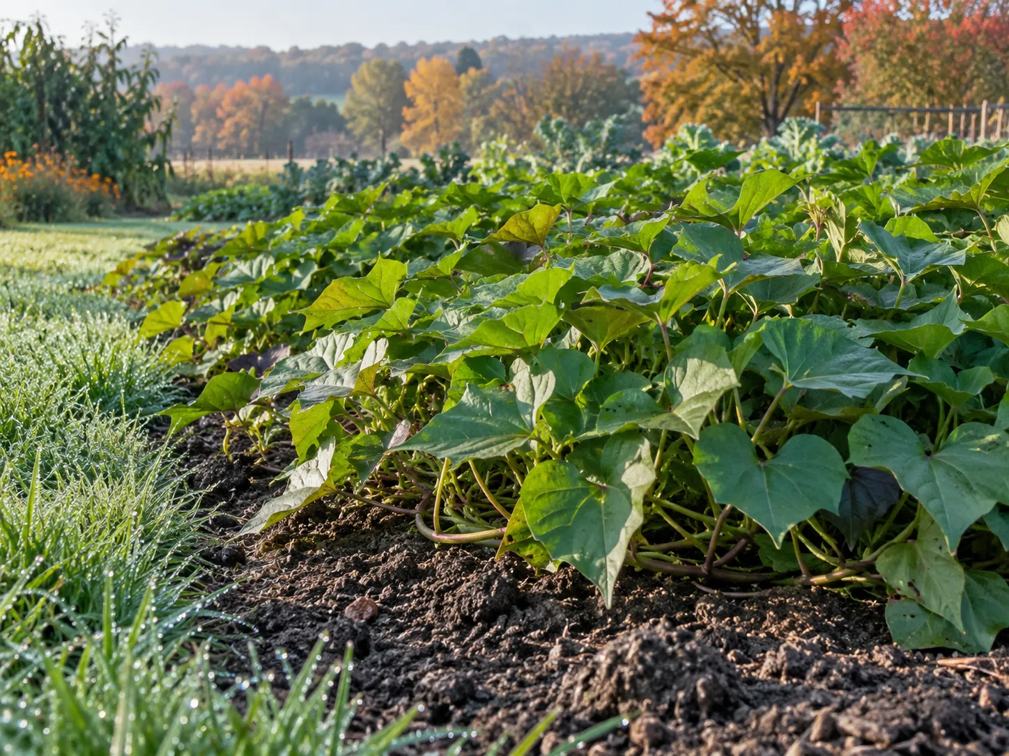 A healthy sweet potato bed on a cool early-autumn morning before frost.