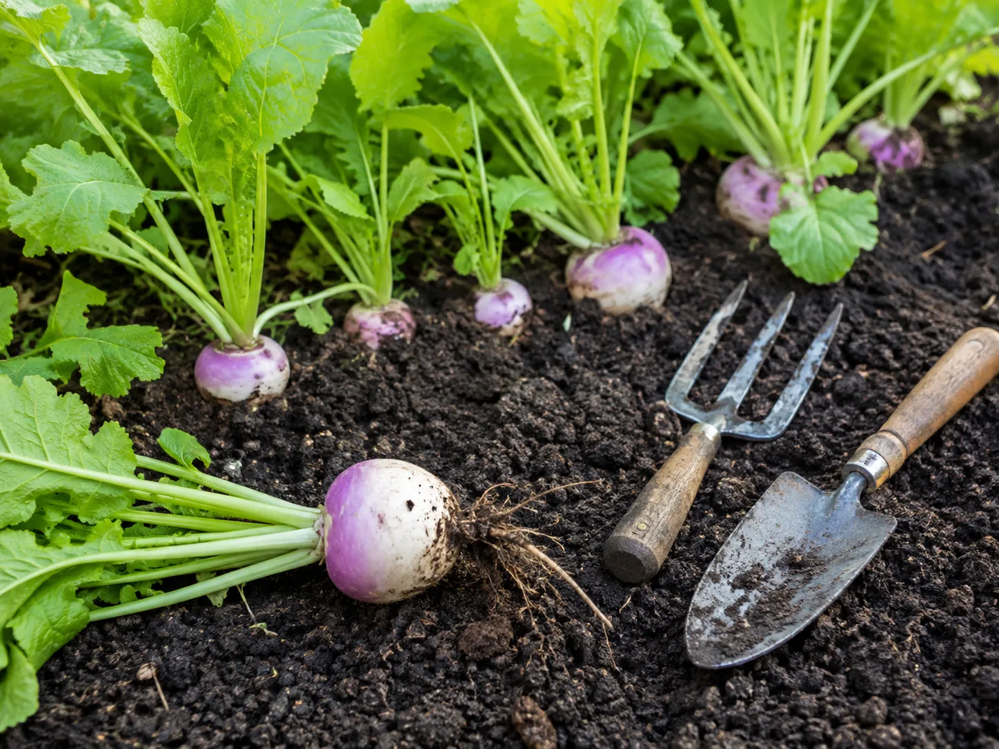 Fresh turnips at mixed harvest sizes beside a hand fork and trowel in loose garden soil