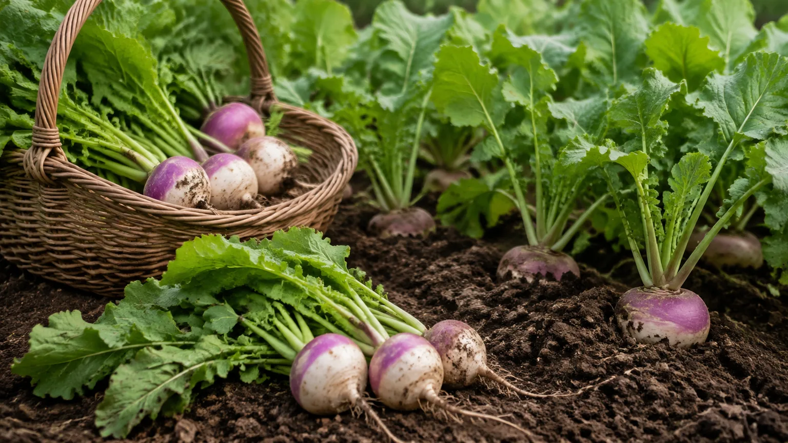 Fresh purple-and-white turnips ready for harvest in a cool-season garden bed