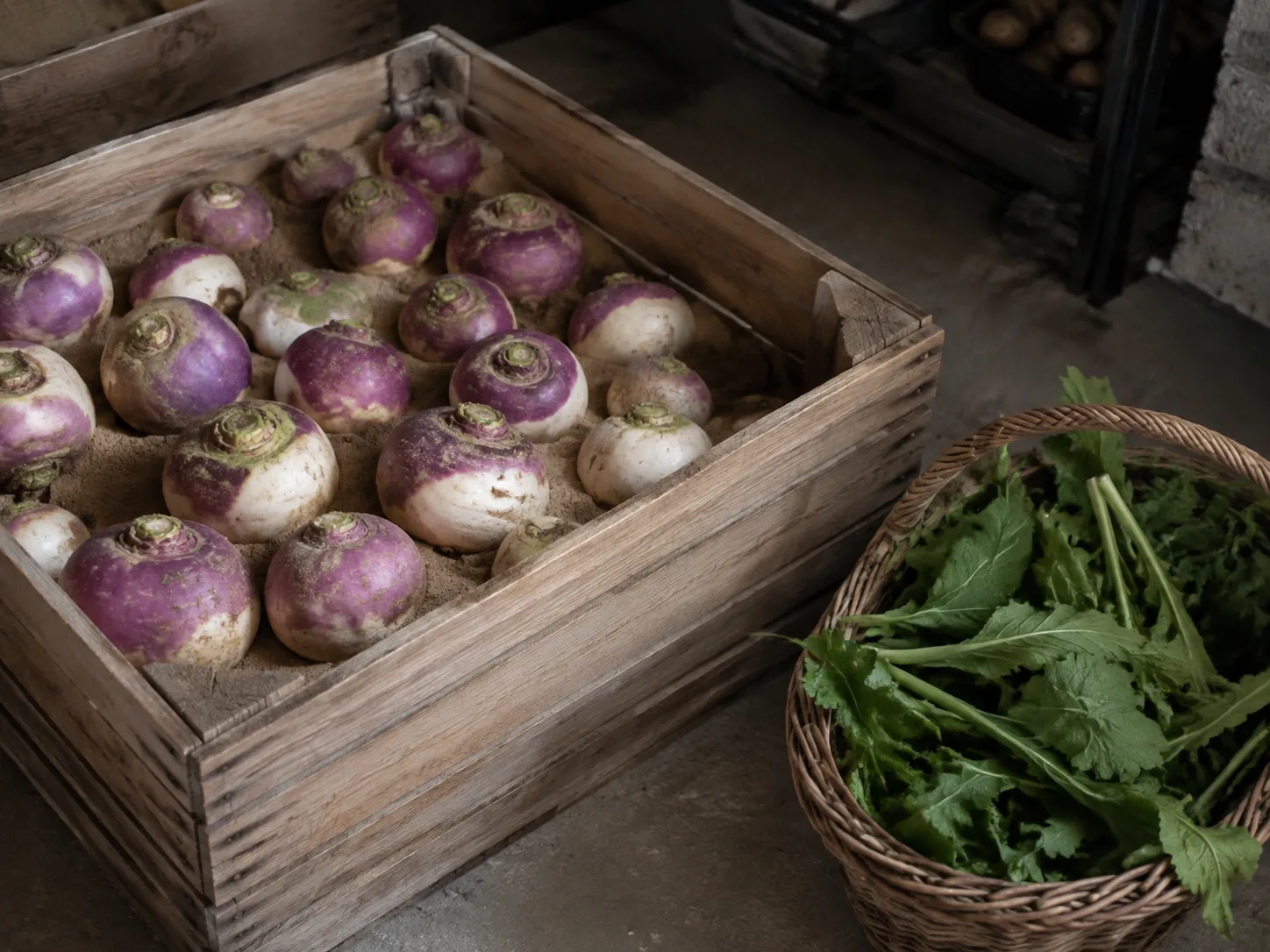 Purple-and-white turnips layered in sand in an open wooden crate with greens stored separately