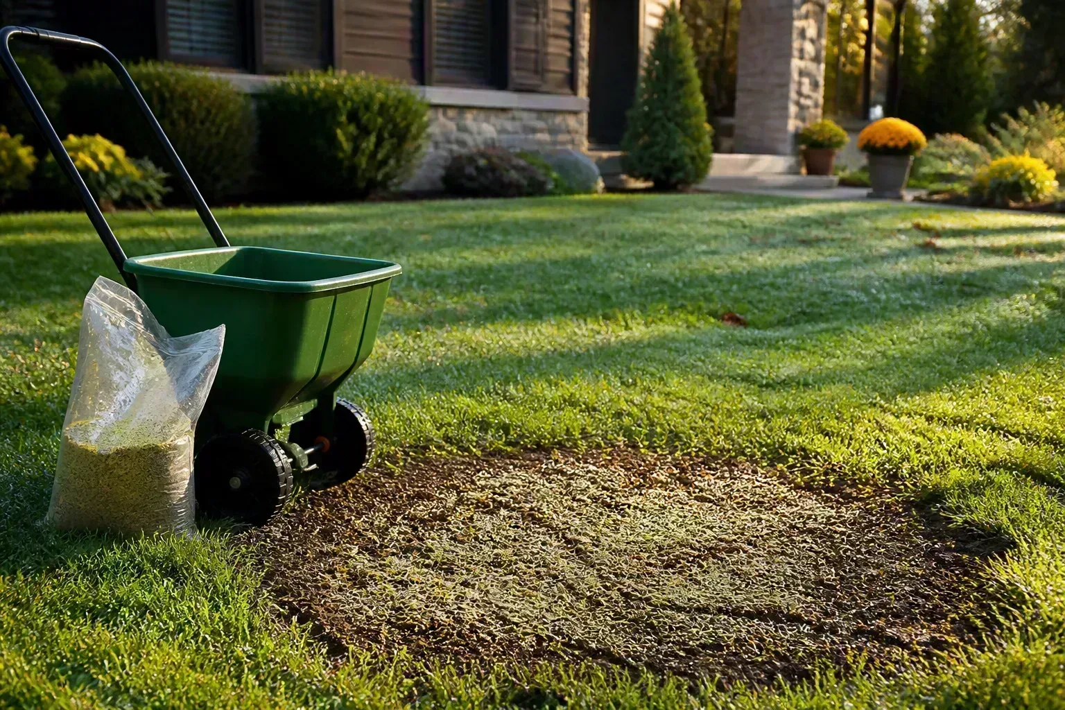 Homeowner spreading grass seed over a prepared lawn area to fill thin turf
