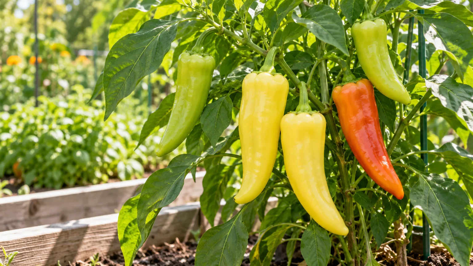 Banana peppers ripening from pale green and yellow to orange on a garden plant