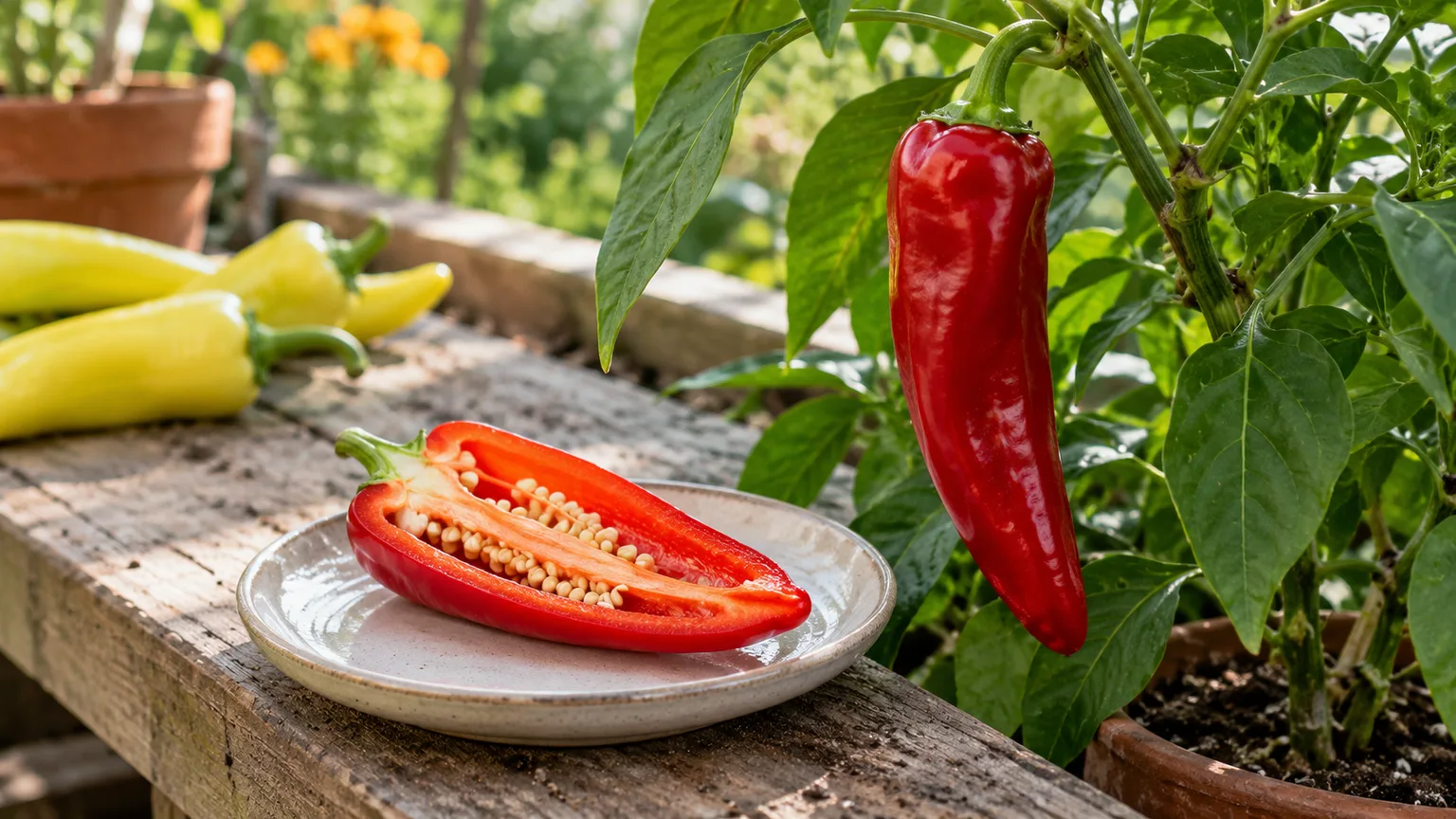 A pepper cut open to show the seeds inside