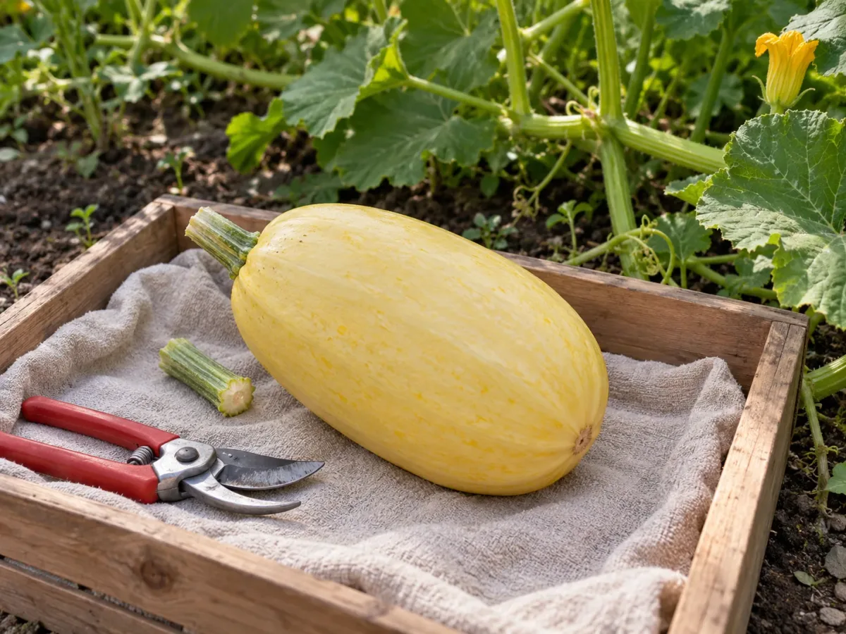 A carefully cut spaghetti squash resting in a padded crate with a short stem attached.