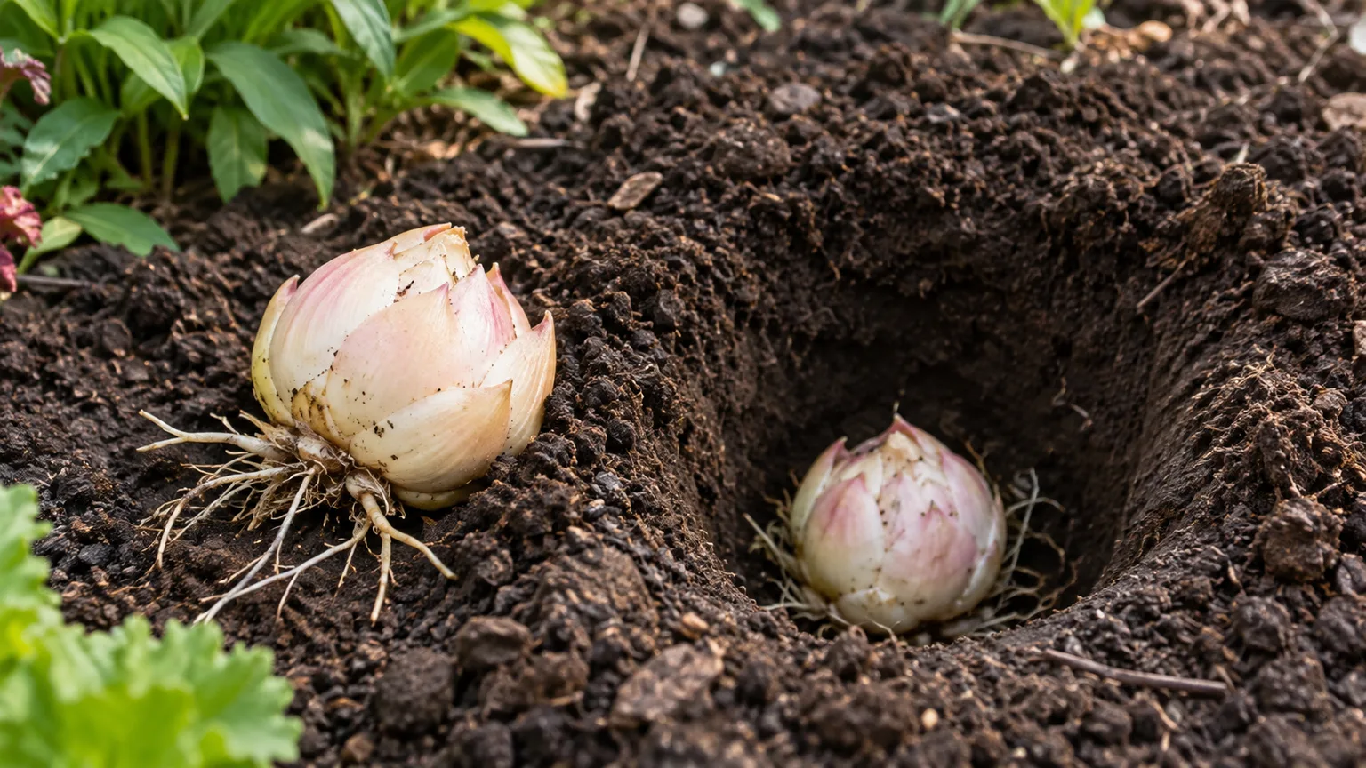 Fresh lily bulbs beside a prepared planting hole in dark garden soil