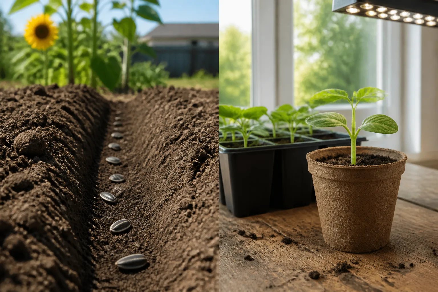 Direct-sown garden seeds beside seedlings growing under an indoor light