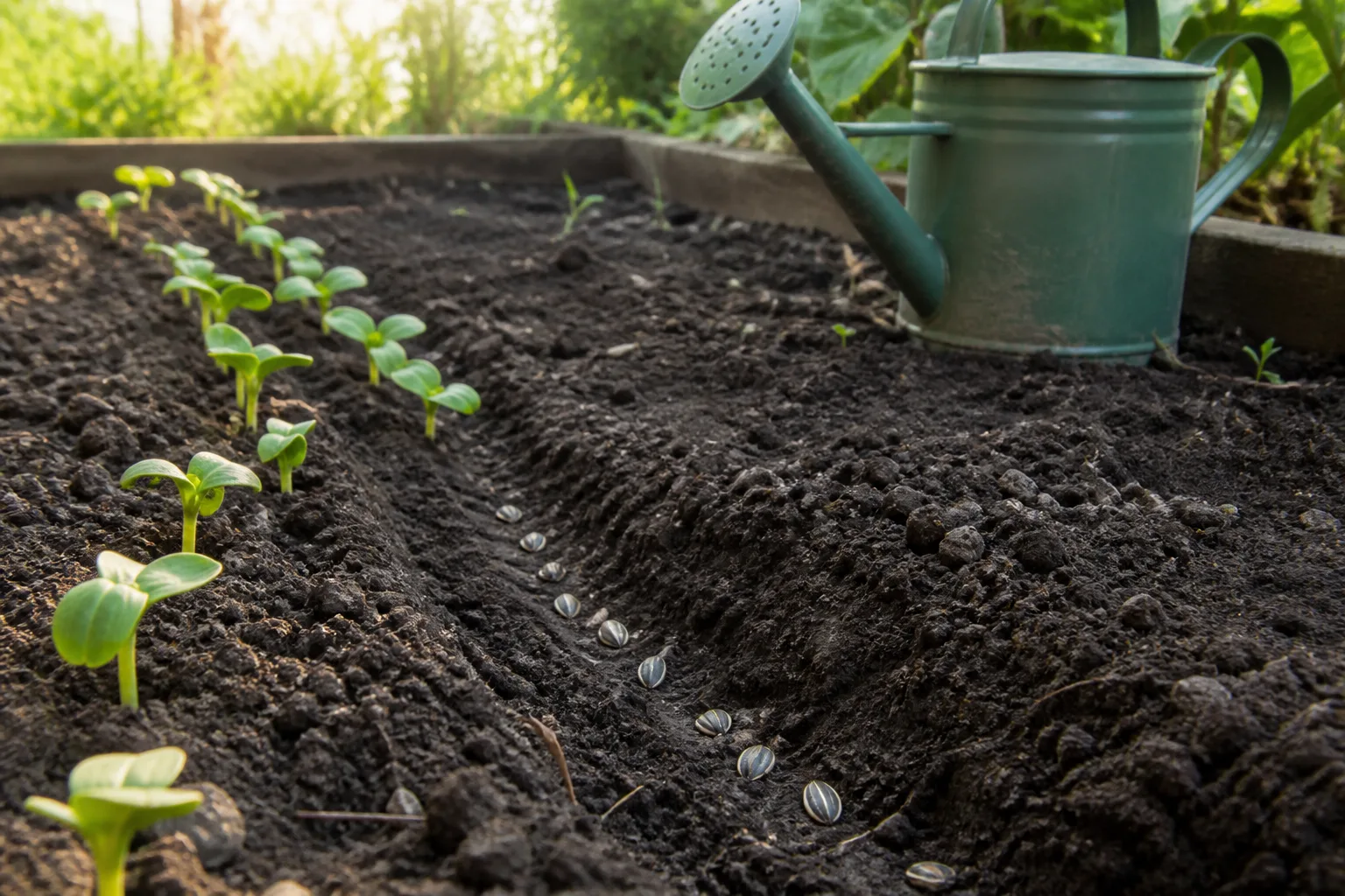 Sunflower seeds being direct-sown in a prepared outdoor garden row
