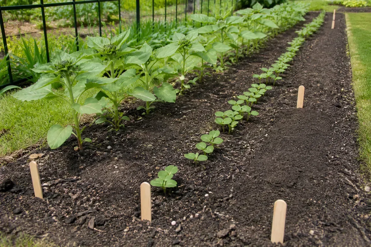 Rows of sunflowers at different stages show how succession sowing can spread the harvest