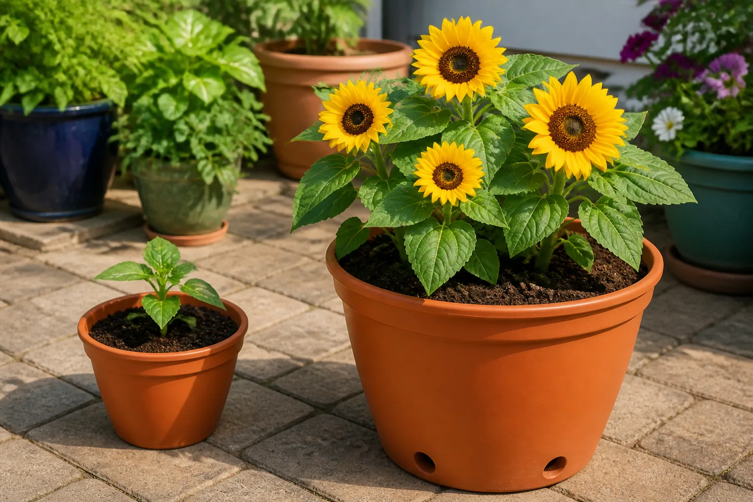 Dwarf sunflower growing in a large outdoor container in full sun