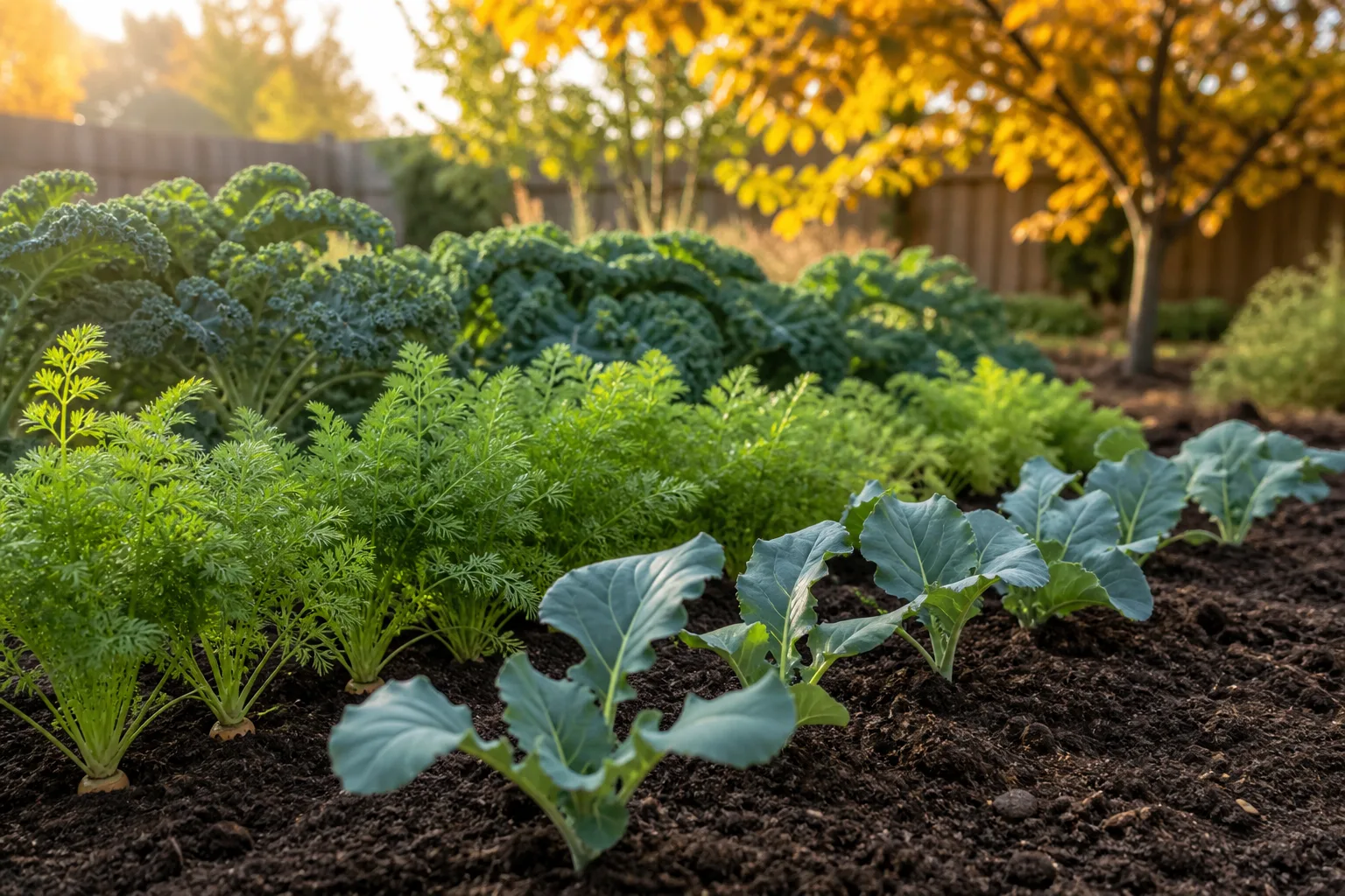 Late summer fall vegetable garden with kale, carrot tops, and broccoli seedlings in a prepared garden bed under golden afternoon light