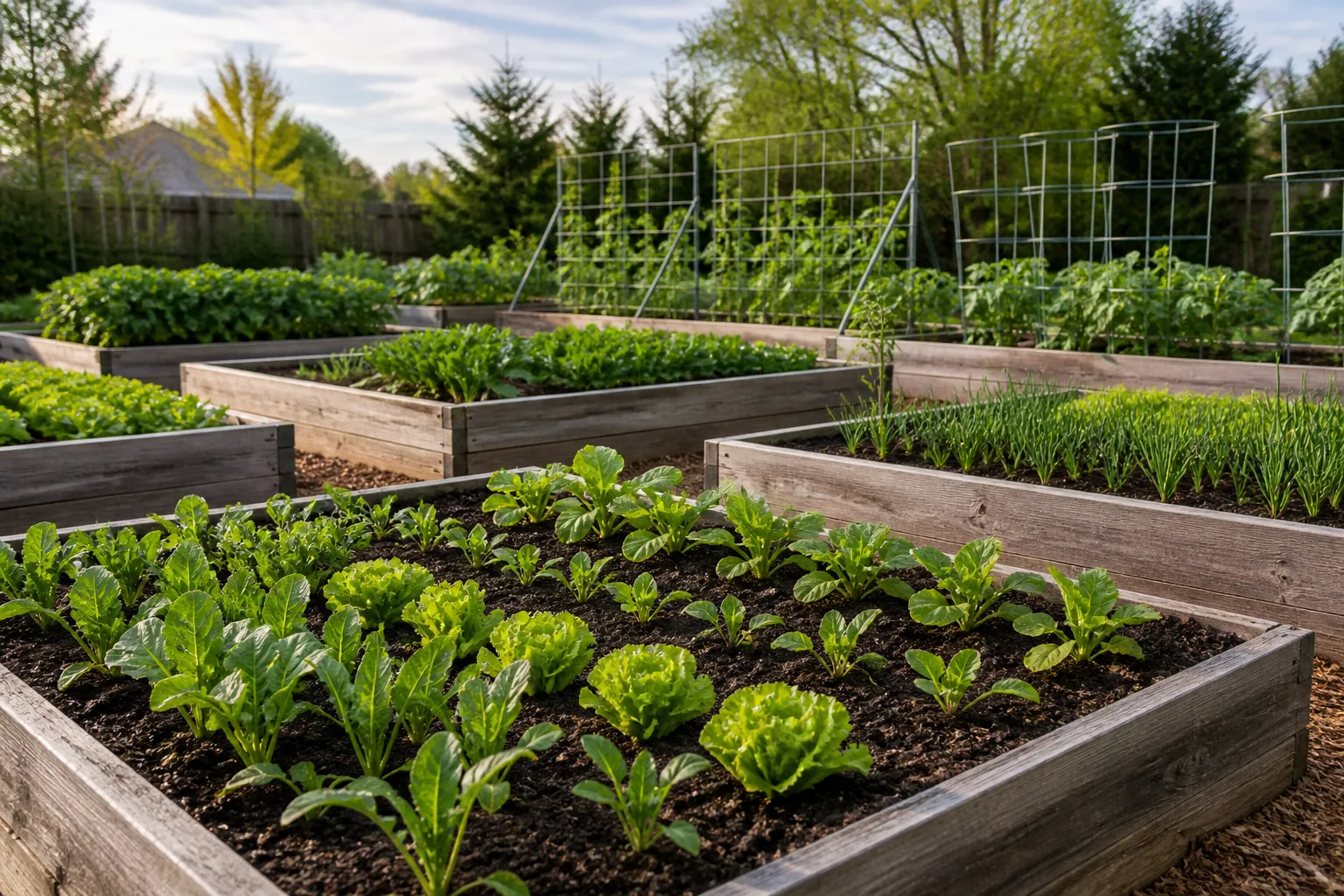 Raised vegetable beds filled with leafy fall crops and young seedlings