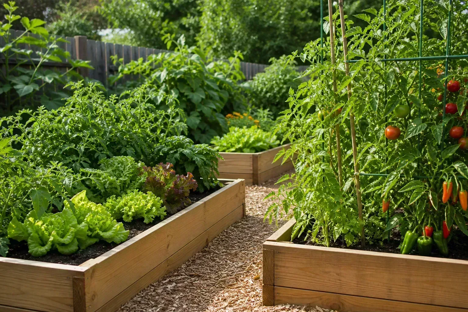 Wooden raised beds defining garden paths and planting zones