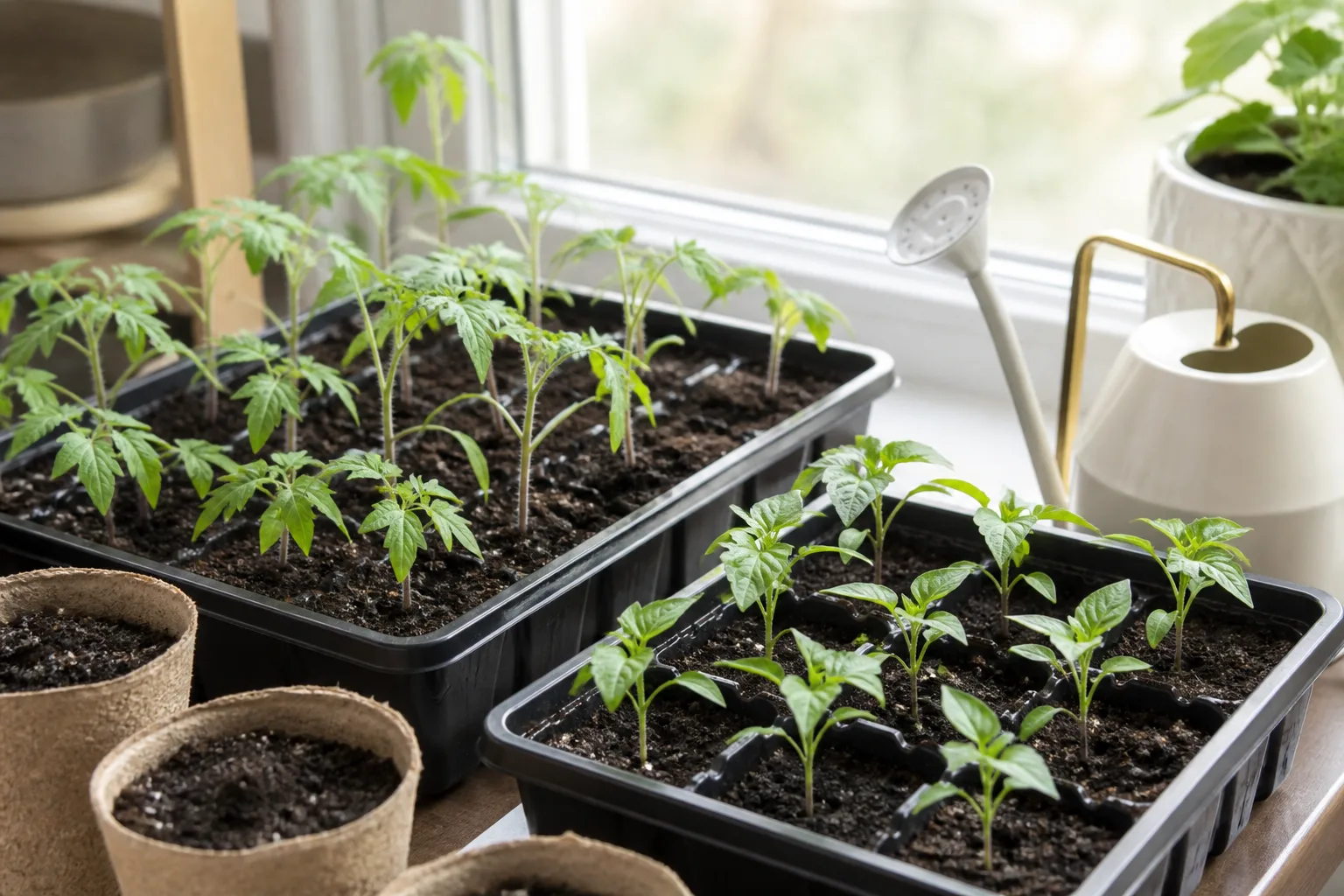Indoor vegetable seed starting trays with young tomato and pepper seedlings on a bright windowsill