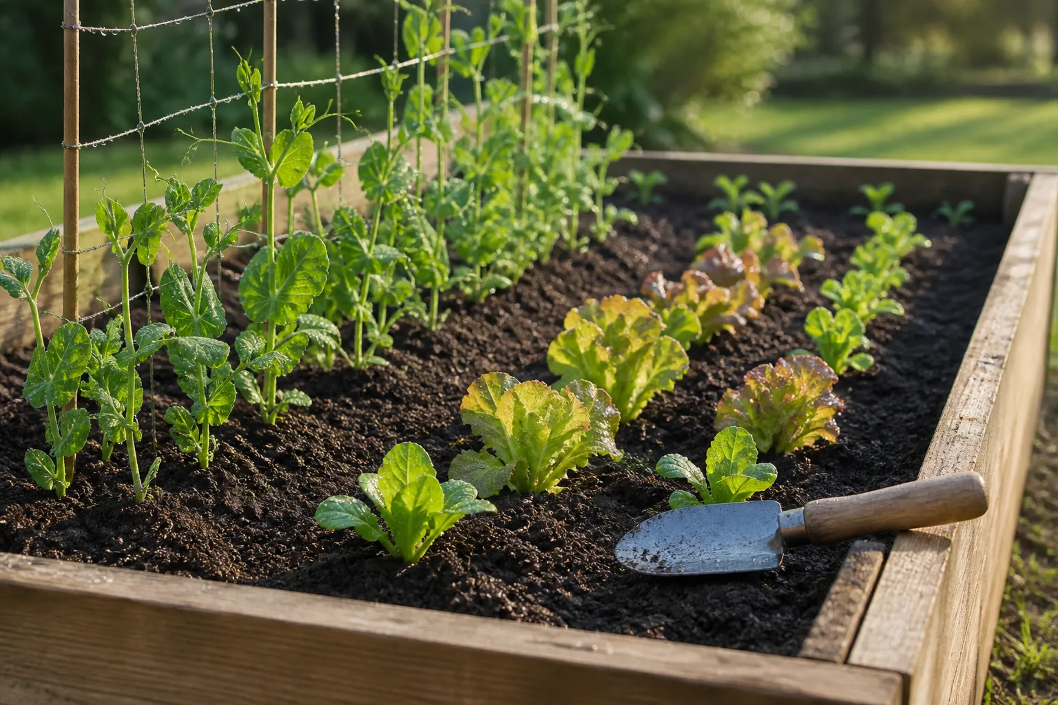 Raised-bed vegetable garden with trellised crops and leafy plants in full summer sun