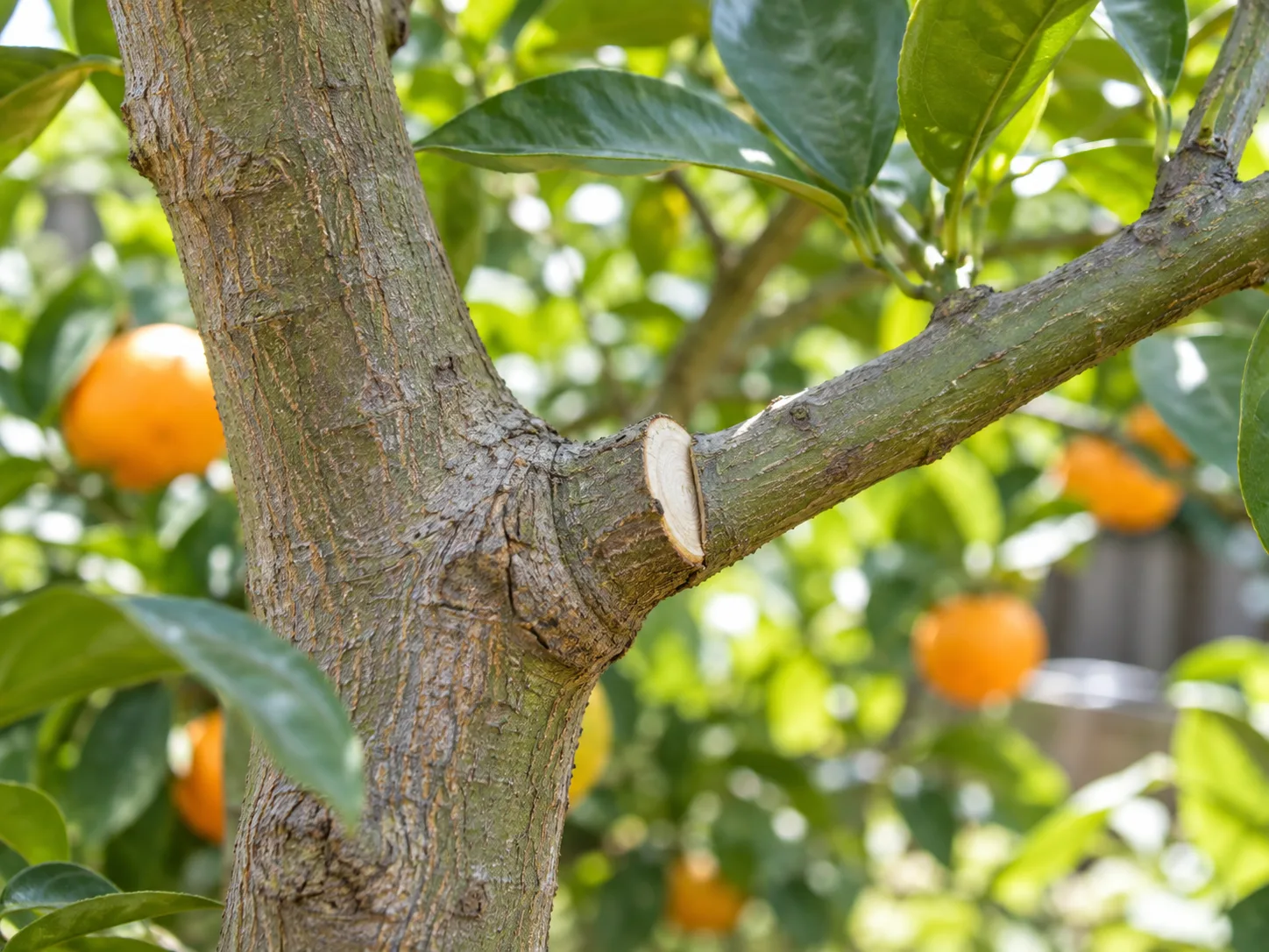 Close view of a clean citrus pruning cut just outside the branch collar