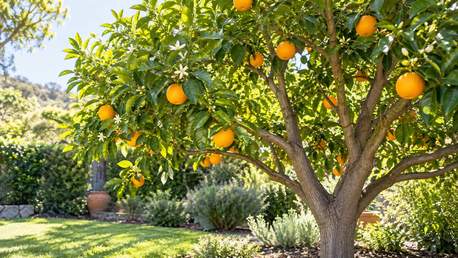 Healthy orange tree with an open leafy canopy and ripe fruit in a sunny garden