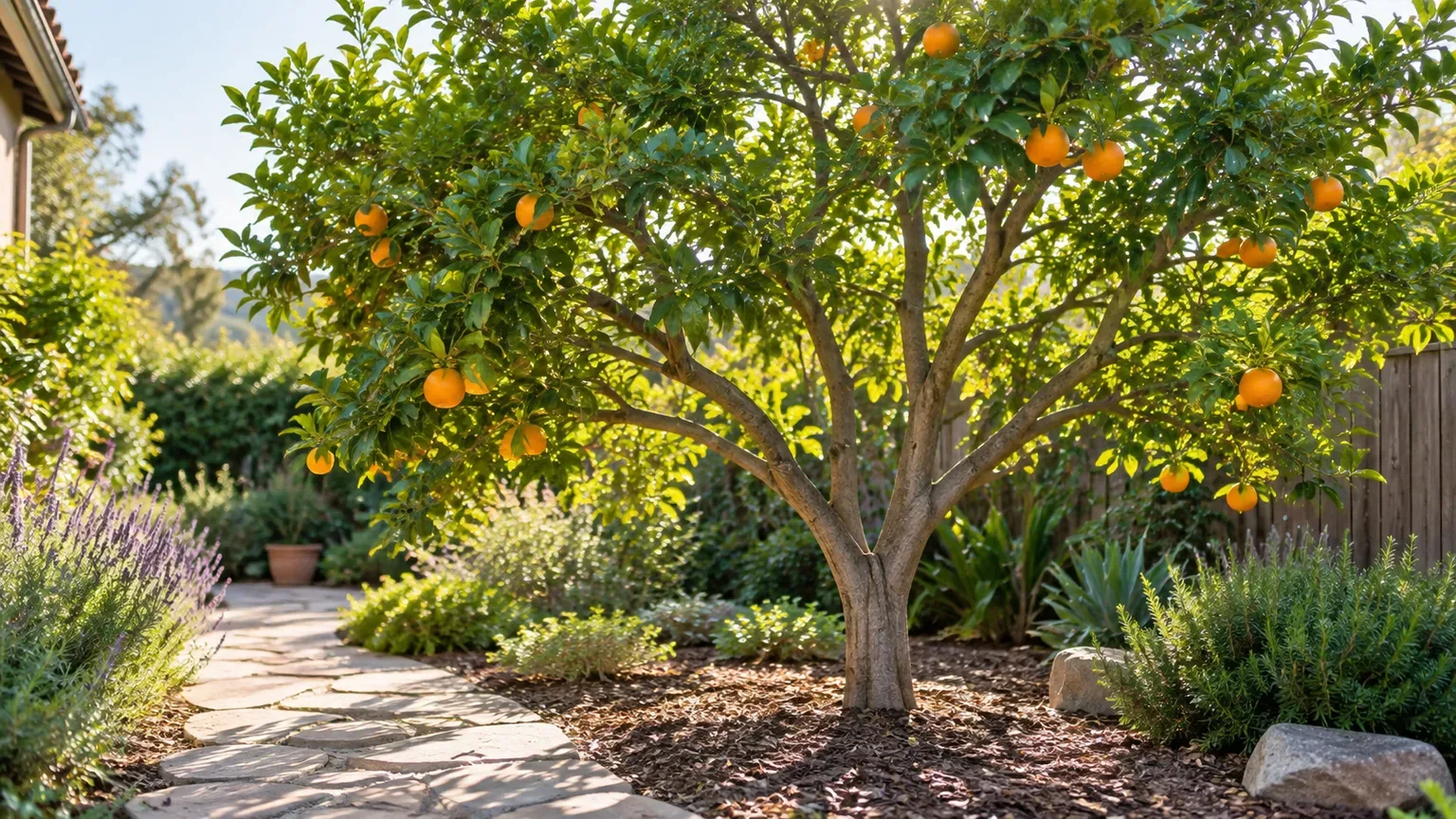 Healthy citrus tree with an airy canopy after selective pruning and ripe fruit