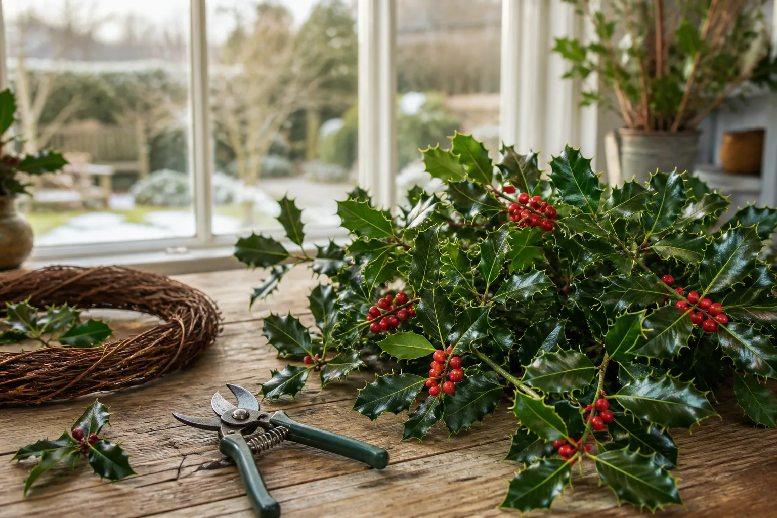 Fresh holly branches with red berries and pruning shears on a table for holiday wreath making