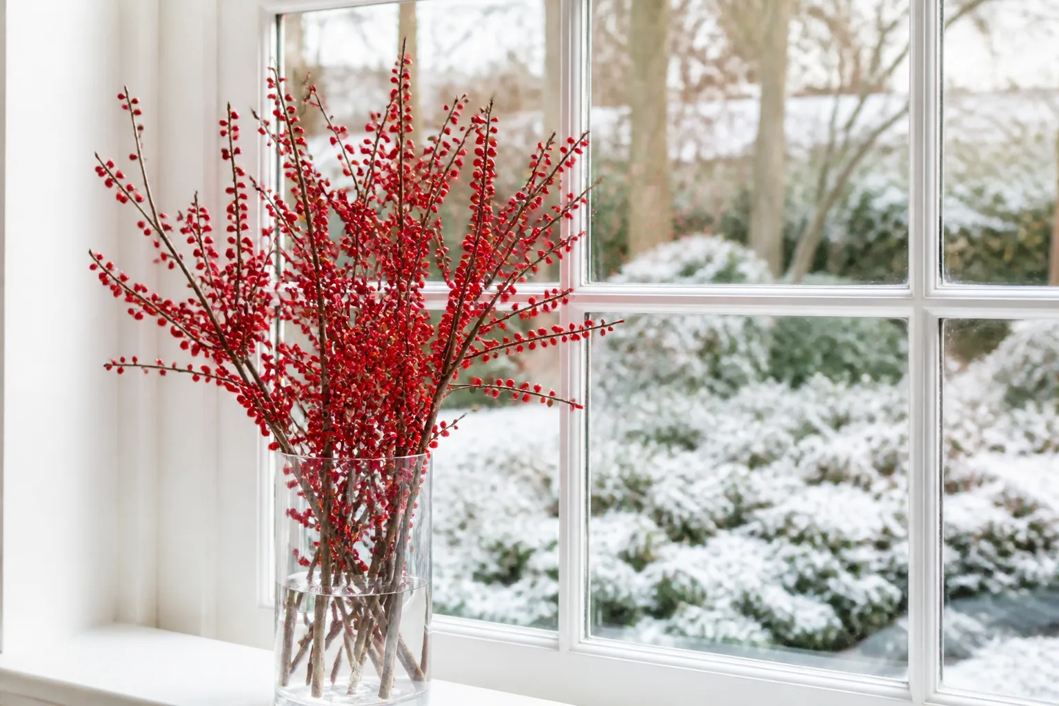 Red winterberry branches arranged indoors beside a snowy garden, showing the winter display worth preserving on the shrub