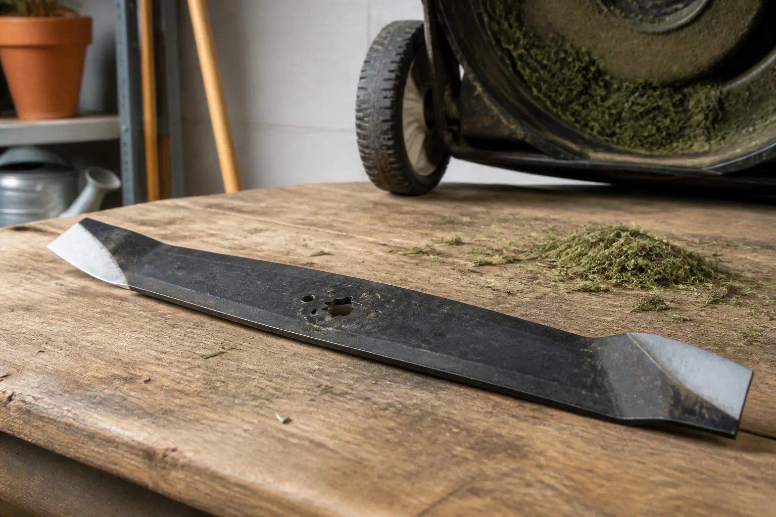 Removed lawn mower blade on a workbench ready for wear inspection