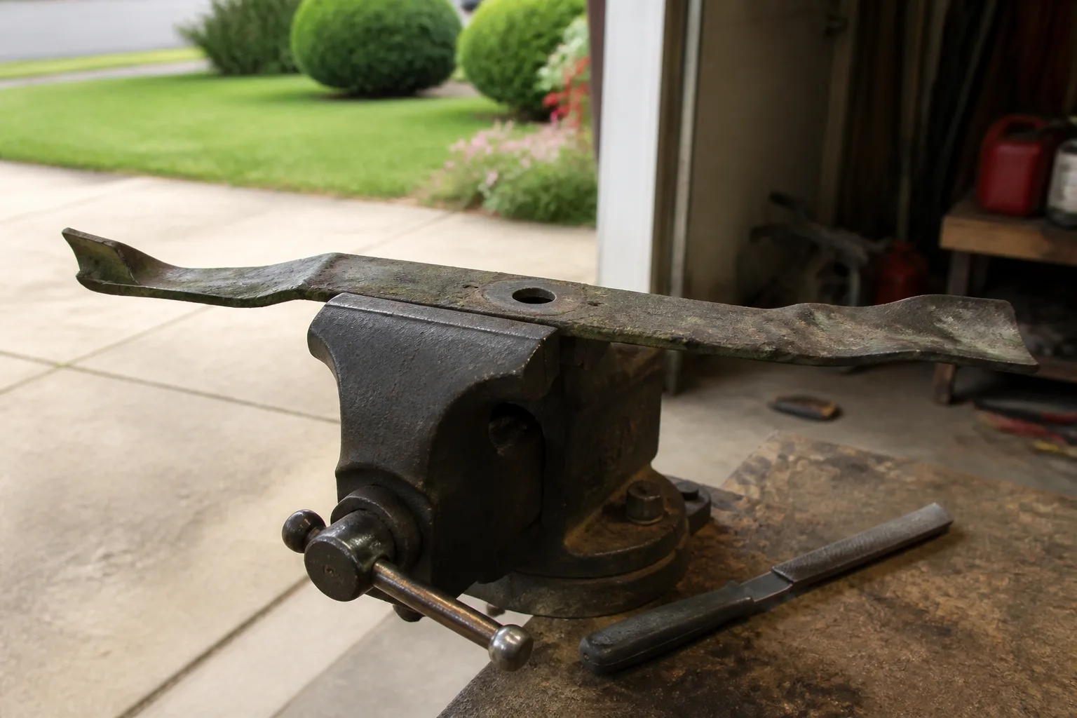 Lawn mower blade clamped in a bench vise with a metal file for sharpening