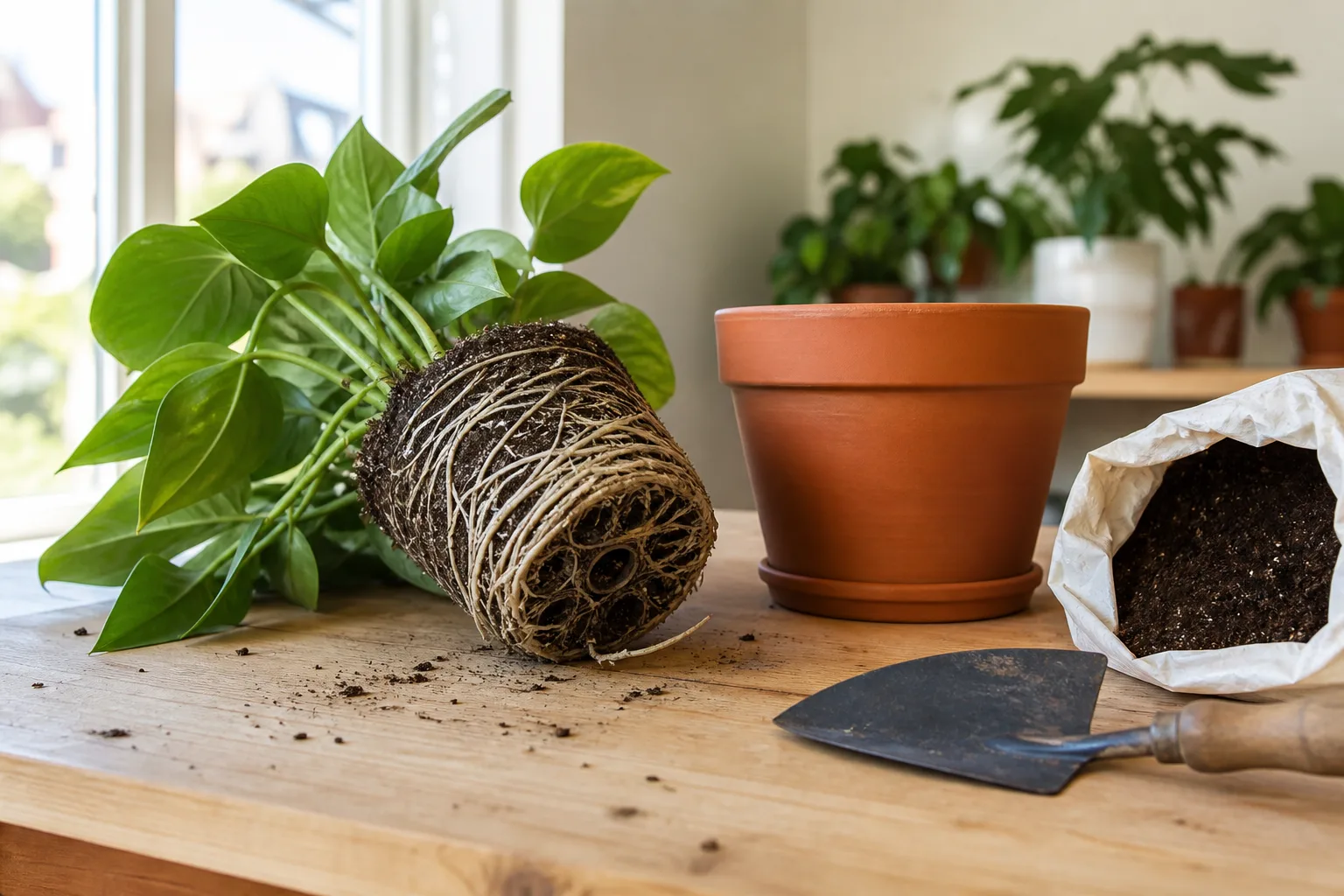 Houseplant repotting supplies and fresh potting mix at a dedicated workstation