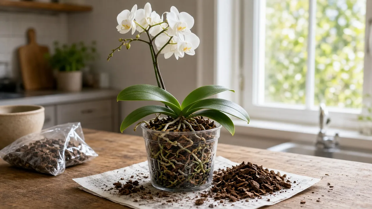 Healthy pink Phalaenopsis orchid in a bright indoor plant corner