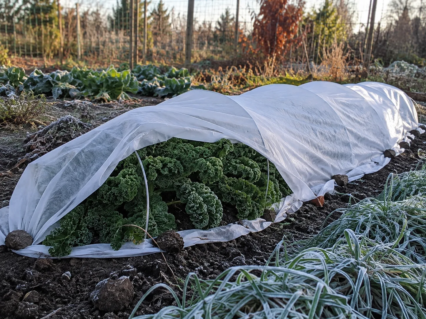 Fall kale protected beneath a low hoop tunnel with breathable floating row cover