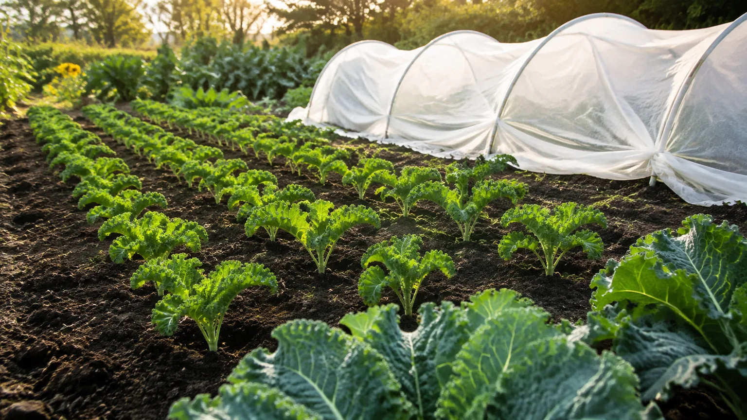 Young fall kale growing in an outdoor garden bed with frost protection ready