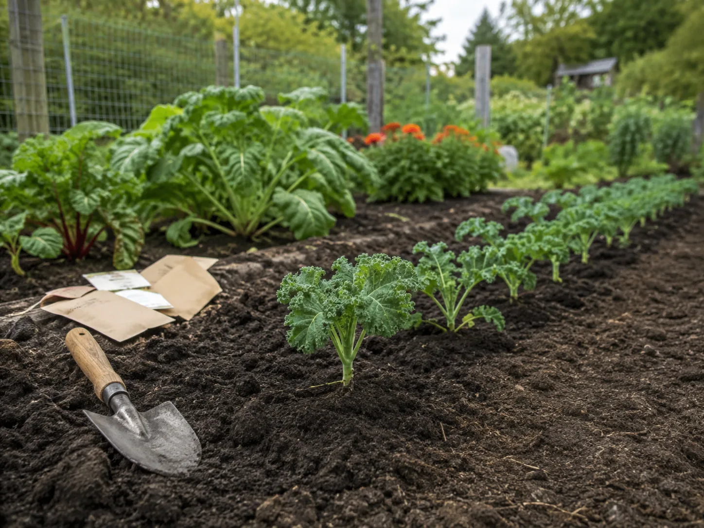 Young kale seedlings spaced in a prepared outdoor garden bed for a fall crop