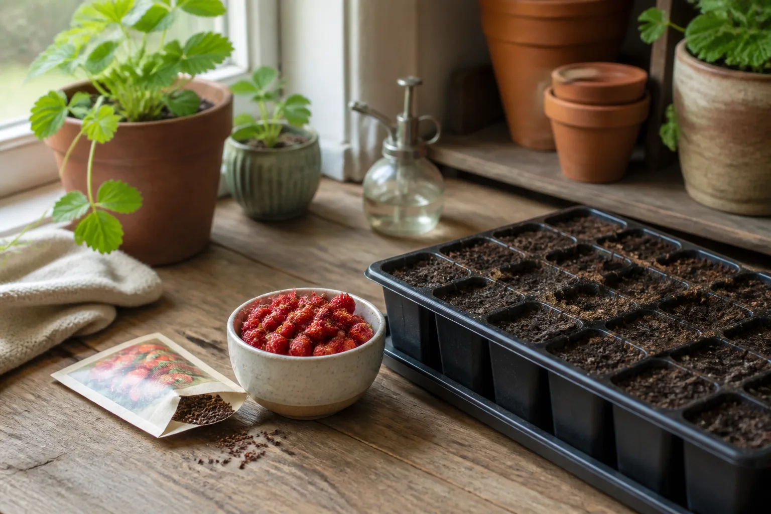 Alpine strawberry seed packet and ripe berries on a wooden potting bench beside a seed-starting tray in late winter