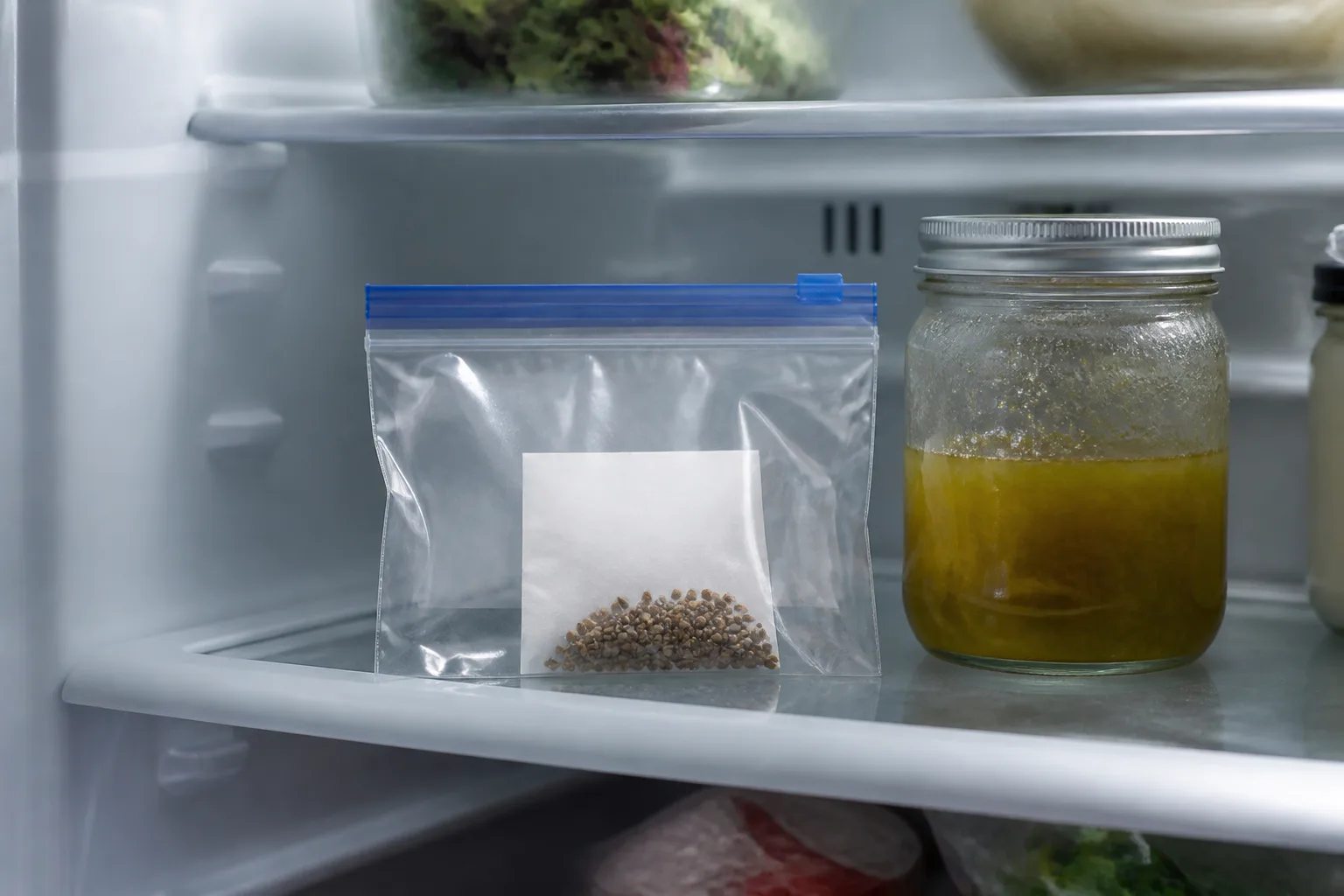 Strawberry seed packet sealed inside a zip-top bag on a refrigerator shelf for cold stratification