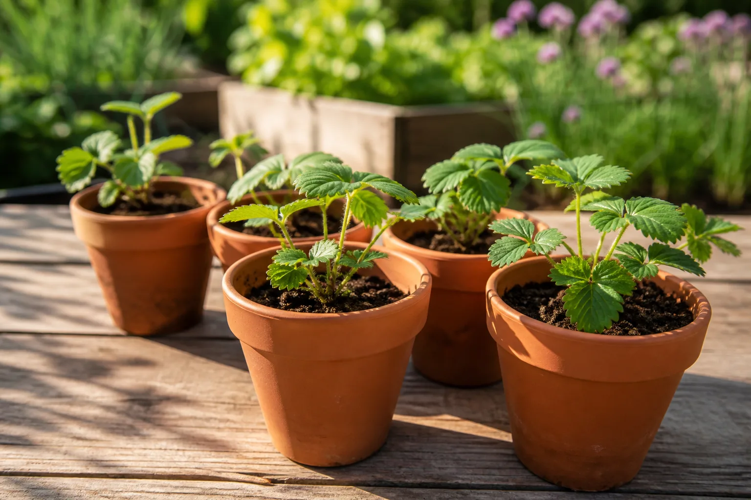 Young alpine strawberry seedlings in small terracotta pots on a garden table in spring morning light